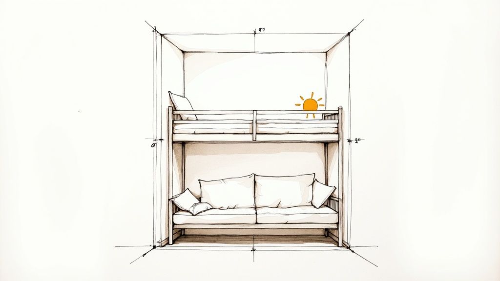 A modern futon bunk bed with a sleek black frame and neutral-colored mattresses, showcasing its dual function in a well-lit room.