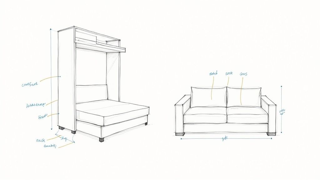 A sleek Murphy bed in a modern room, folded down and ready for use, contrasting with a nearby sofa.