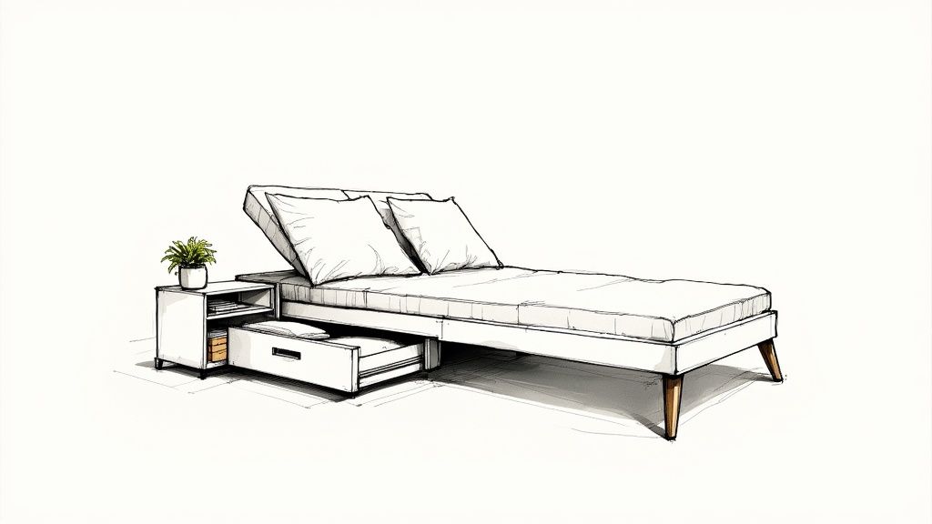 A stylish futon with built-in wooden side tables and storage drawers underneath, placed in a modern living room.