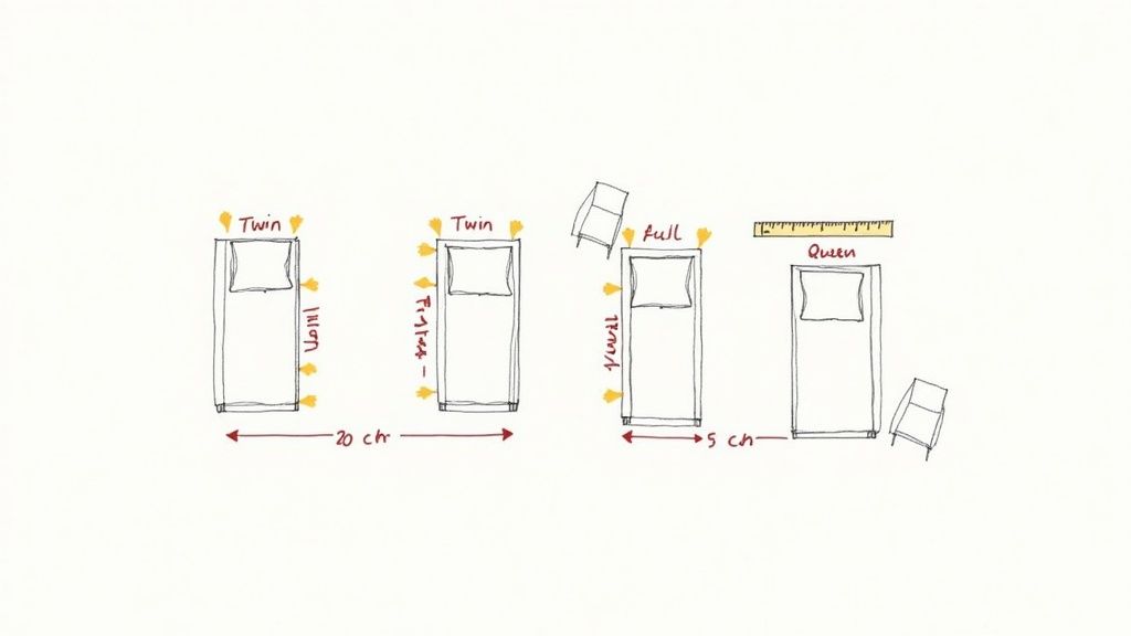 A hand-drawn diagram illustrating various bed sizes, including Twin, Full, and Queen, with relative measurements in centimeters.