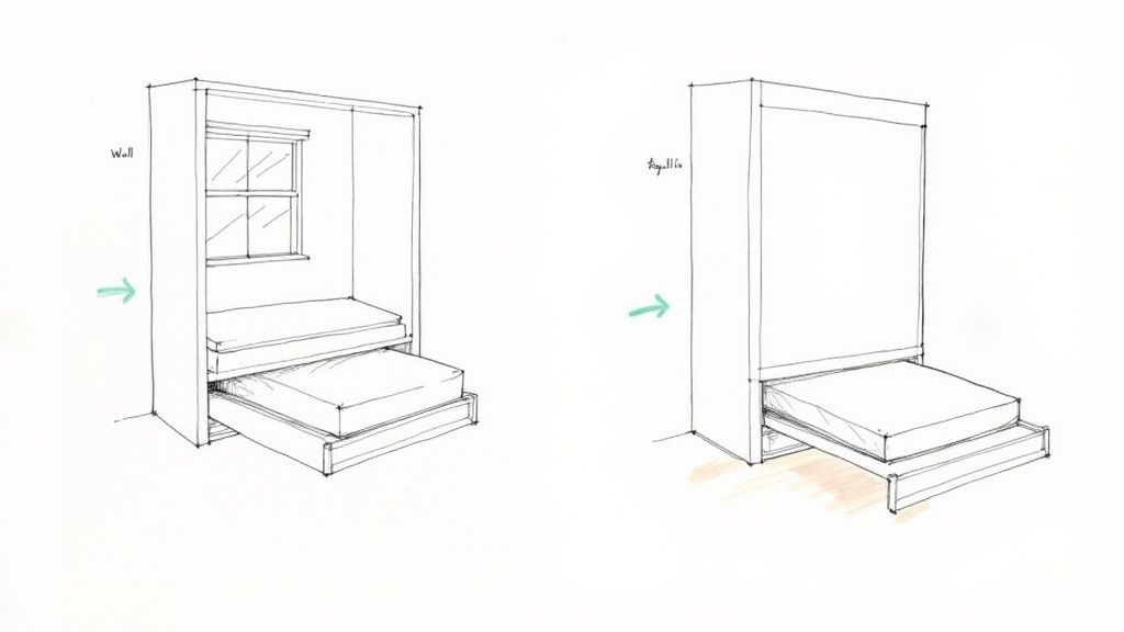 Sketches show pull-out beds integrated into cabinets, one with a window, demonstrating space-saving solutions.