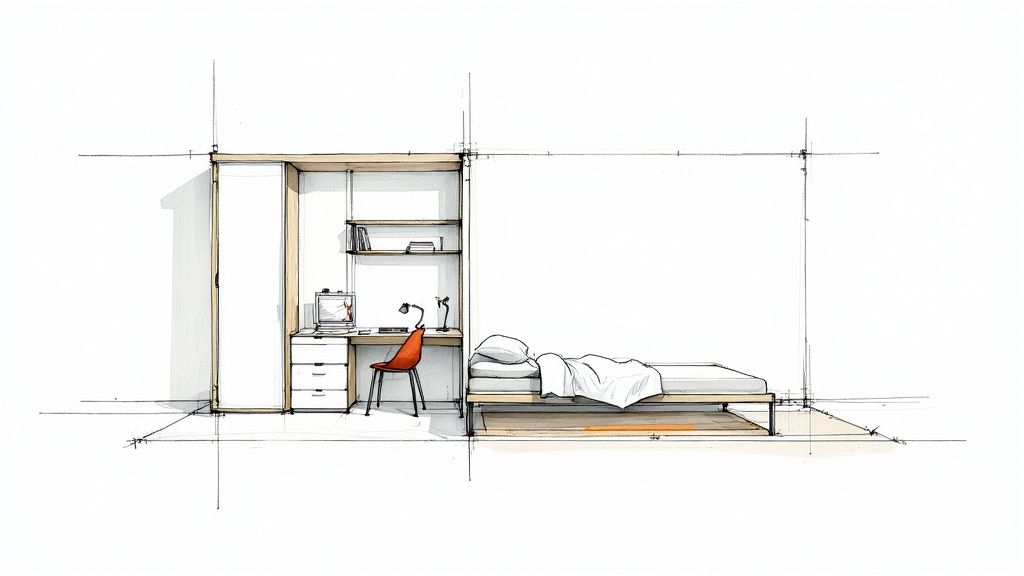 Architectural sketch of a minimalist bedroom featuring a desk integrated into a cabinet and a simple bed.