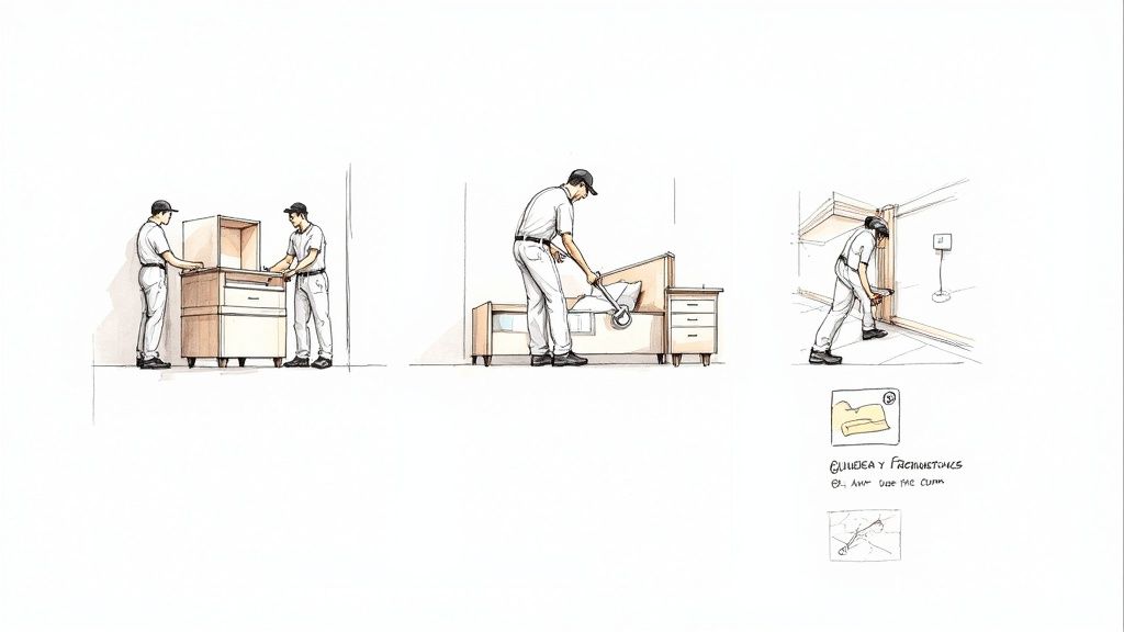 Illustrations show different steps of installing furniture, including assembling a cabinet and fitting a bed mechanism.