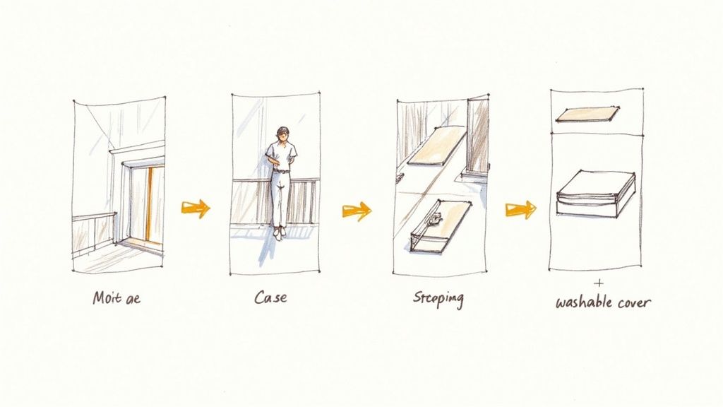 Illustrated design concept showing four stages of a folding floor bed system with storage