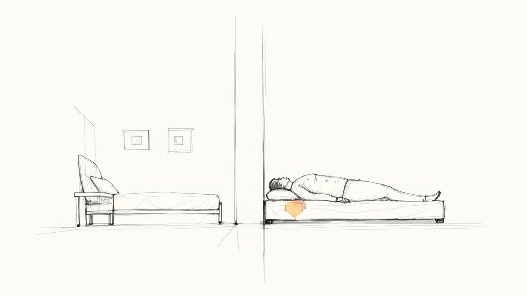 Person lying on folding floor bed in minimalist room with furniture perspective view