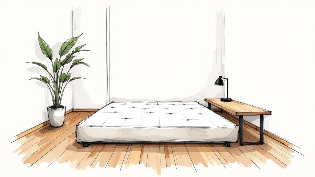 Minimalist low profile platform bed with tufted white mattress on wooden floor in modern bedroom