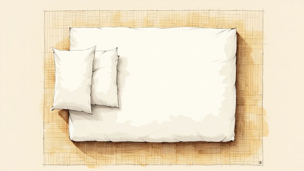 Top view of white bed with pillows on wooden parquet floor interior design illustration