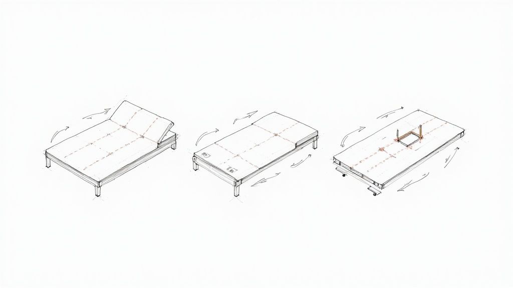 Detailed drawing showing the components of a folding futon bed, including mattress and frame.