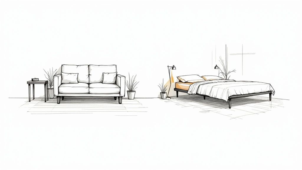 Detailed black and white sketch of a living room sofa with a side table and a bedroom with a bed.