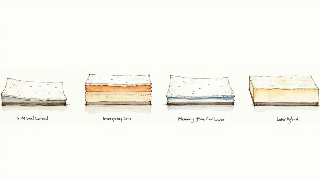 A watercolor illustration showcasing cross-sections of four different mattress types: traditional cotton, innerspring, memory foam, and latex hybrid.