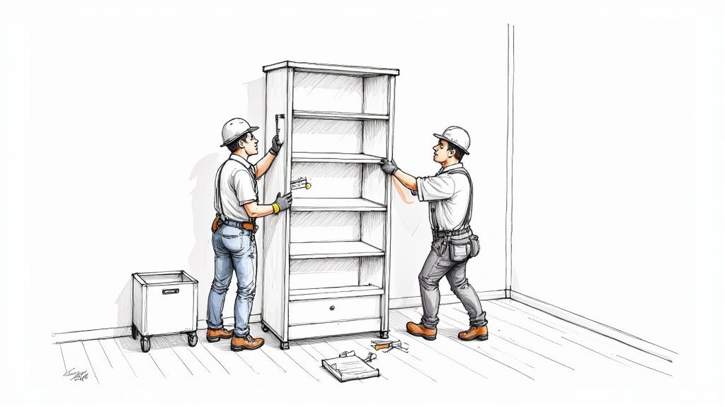 Two professional workers in hard hats and gloves assemble a white bookshelf with shelves and a drawer.
