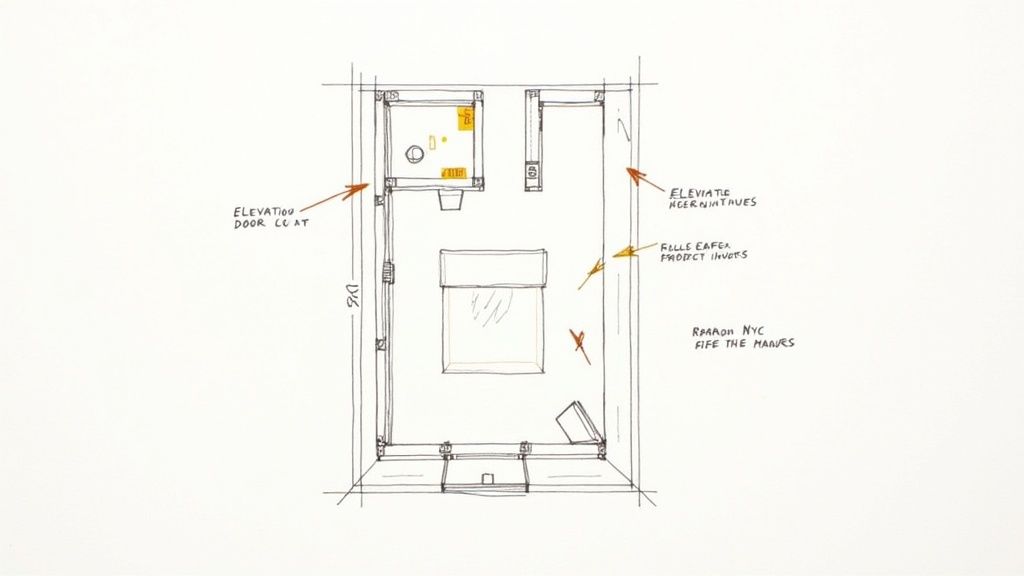 Hand-drawn architectural floor plan sketch of a small room or apartment with furniture layout and handwritten notes.