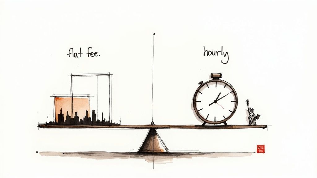 A balance scale comparing 'flat fee' represented by a cityscape against 'hourly' with a clock and the Statue of Liberty.