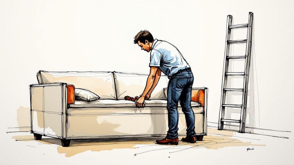 A man in jeans and a shirt adjusts a cushion on a beige sofa, with a ladder nearby, in a sketch art style.