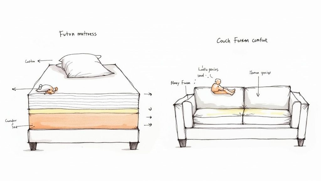Illustration comparing a futon and a couch based on price, primary function, and footprint using bar charts.