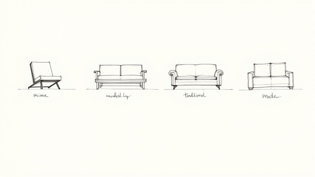 Line drawings of four distinct furniture styles: an armchair and three sofas, each labeled with its design type.