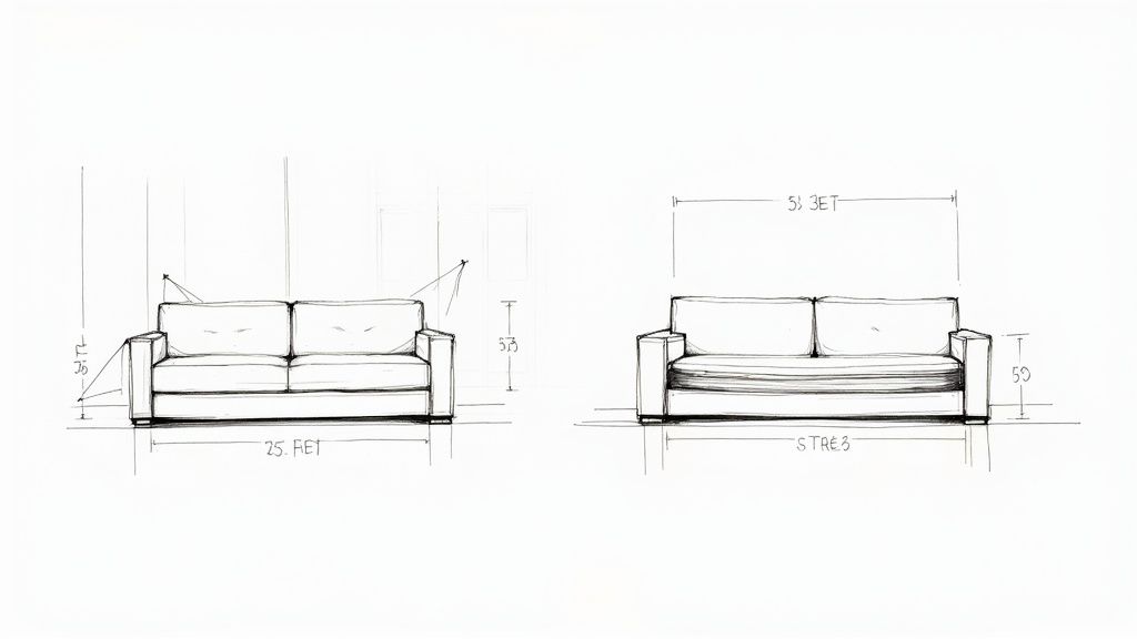 Hand-drawn architectural sketches of two different sofas with dimensions for length and height.