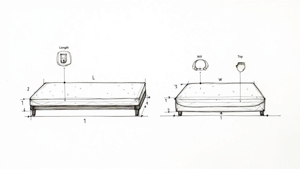 Sketch diagram illustrating length, width, and height measurements for a futon or bed base.
