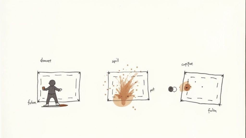 Three panels illustrate a person spilling coffee on a futon, showing the initial state, the spill, and the resulting stain.