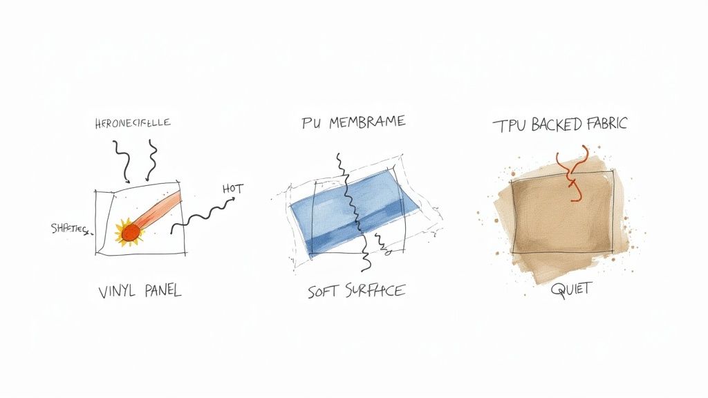 Three conceptual sketches illustrating different material properties: vinyl panel, PU membrane, and TPU-backed fabric.