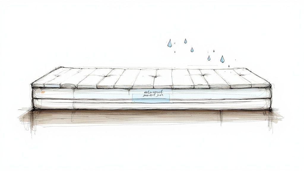 A hand-drawn illustration of a white futon mattress with a blue waterproof label and falling raindrops.