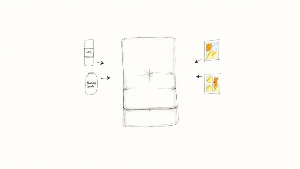 Diagram illustrating how to clean a futon mattress using baking soda, vinegar, and sunlight.