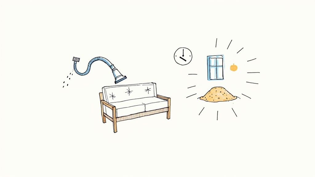 An illustration of cleaning a futon mattress by washing it with water and then sun drying.