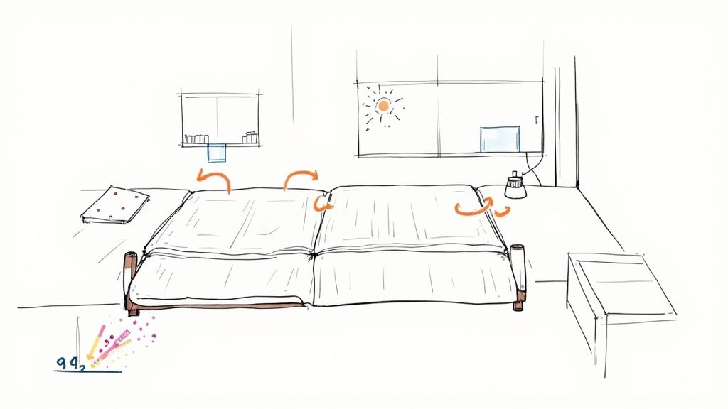 Sketch of a futon mattress with arrows indicating rotation or folding in a room setting.