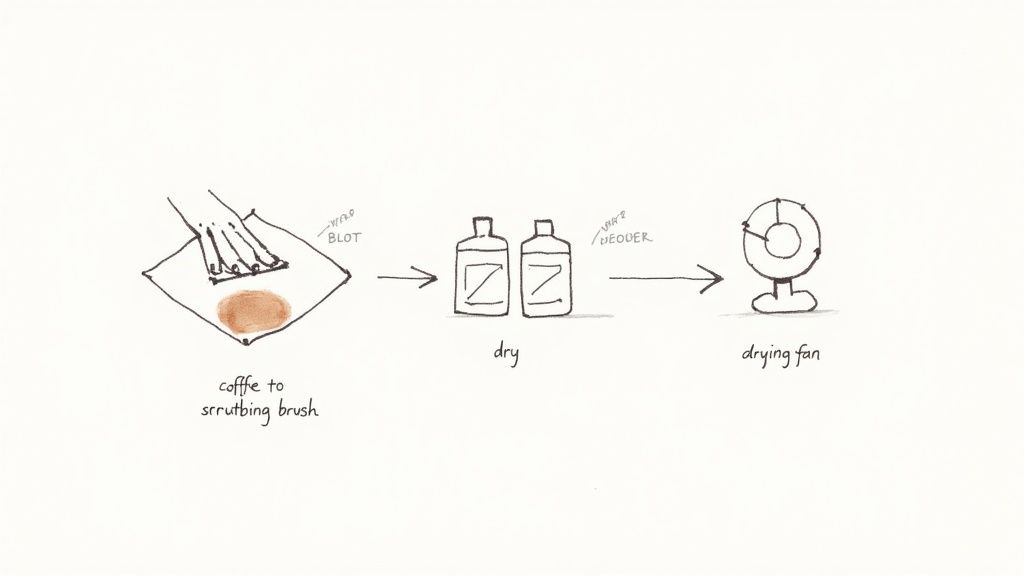 A hand-drawn diagram shows steps to clean a coffee stain: blot, apply solution, and use a drying fan.