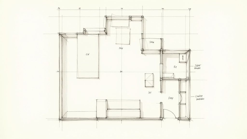 Hand-drawn studio apartment floor plan sketch illustrating various furniture arrangements and spatial layouts.