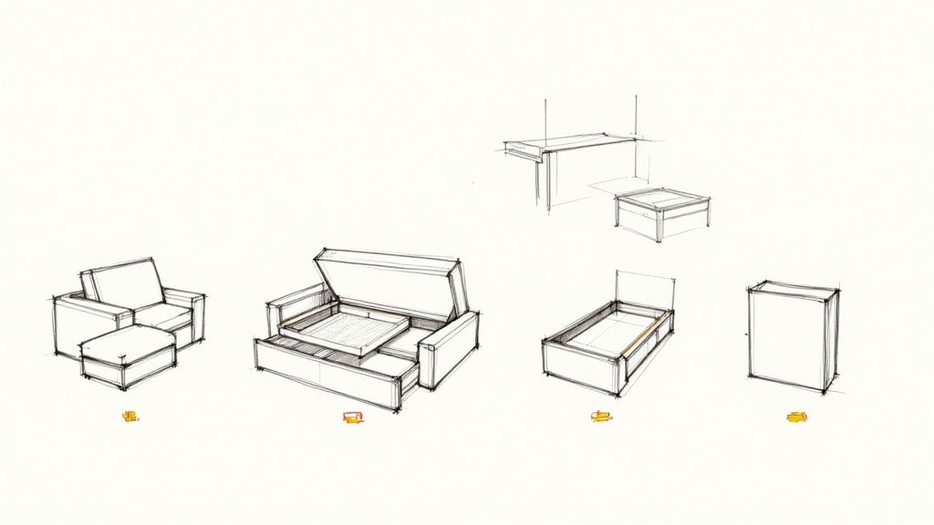 Hand-drawn sketches illustrating various adaptable furniture pieces like a sofa bed, armchair, tables, and bed.