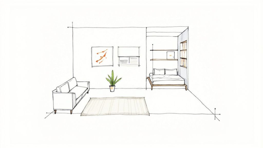 A minimalist sketch of a studio apartment layout, showing a sofa, rug, plant, and bed with shelving.