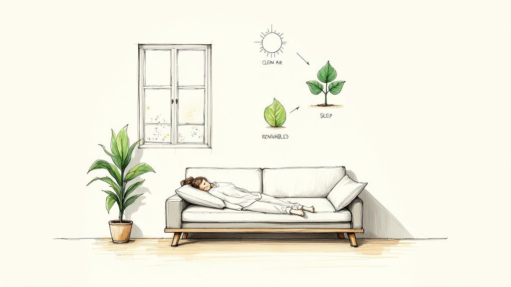 A serene drawing of a person sleeping on a sofa next to a plant, illustrating clean air and restful sleep.