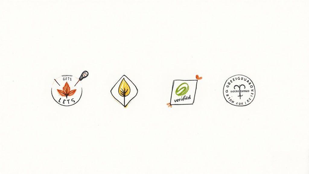 Four hand-drawn eco-friendly certification logos, including GOTS, a leaf icon, 'verified', and GREENGUARD Gold.