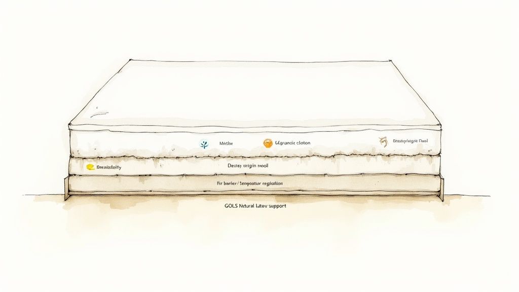 Detailed diagram illustrating the layered construction of an organic futon mattress with various material labels.