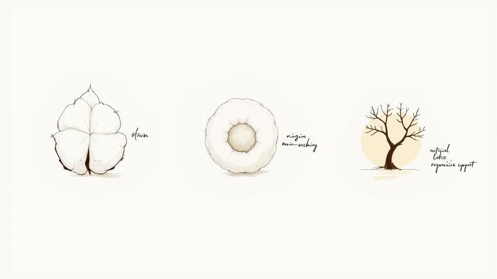 Hand-drawn illustrations of organic mattress components: cotton, virgin non-visking fiber, and natural latex.
