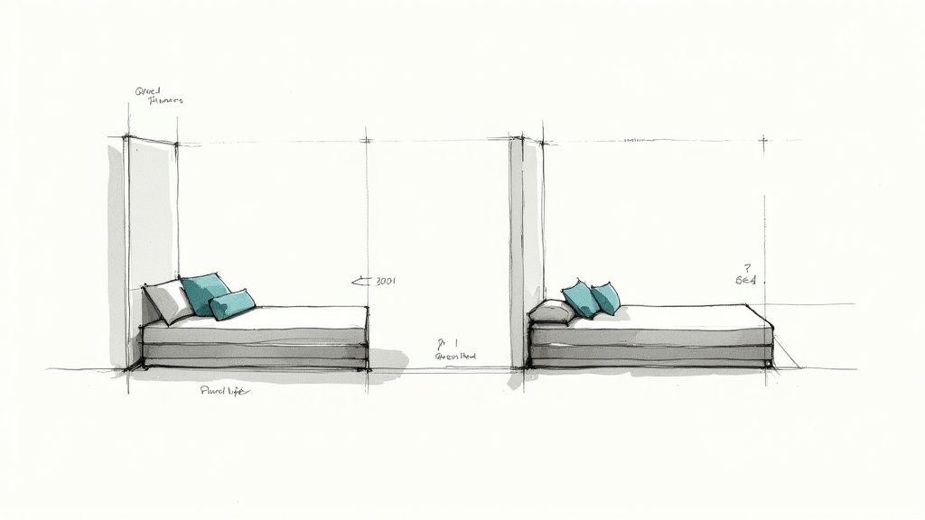 A hand-drawn sketch illustrating two minimalist bed designs, one labeled 'Queen Futon', with teal and grey pillows.