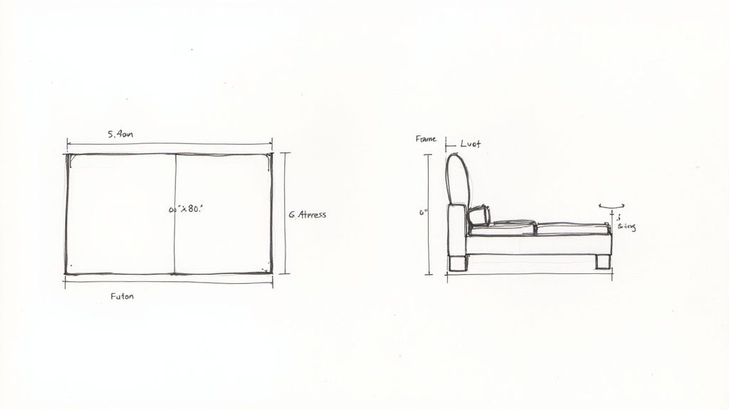 Detailed hand-drawn sketches of a futon, showing both a top-down view with dimensions and a side profile of the bed frame.