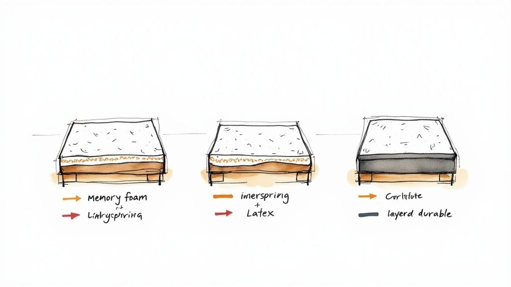 Sketches illustrating three different mattress constructions: memory foam/innerspring, innerspring/latex, and durable layered.