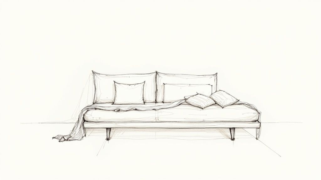 Minimalist black and white sketch of a modern futon or couch bed with pillows and a draped blanket.
