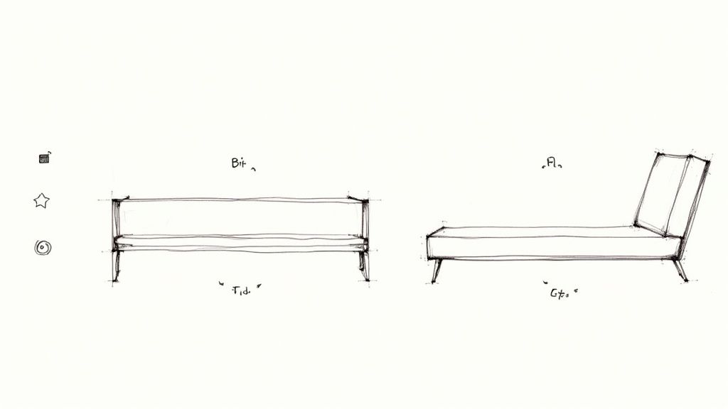 Hand-drawn sketches of two different modern futon couch and chaise lounge designs.