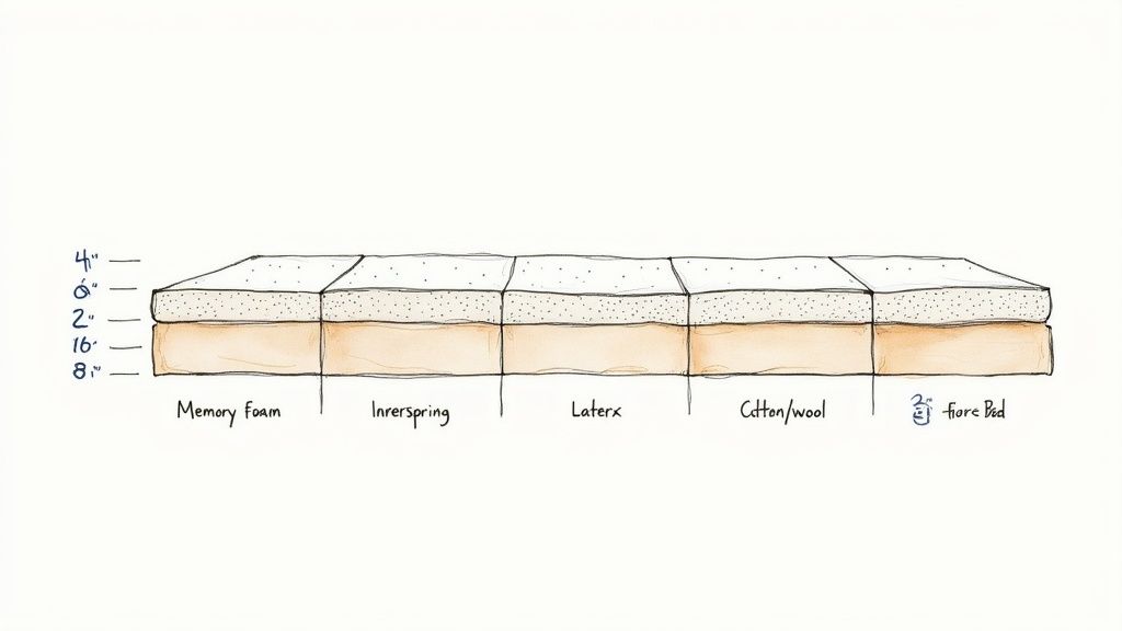 Diagram showing mattress layers: memory foam, innerspring, latex, cotton/wool, with various thickness dimensions.