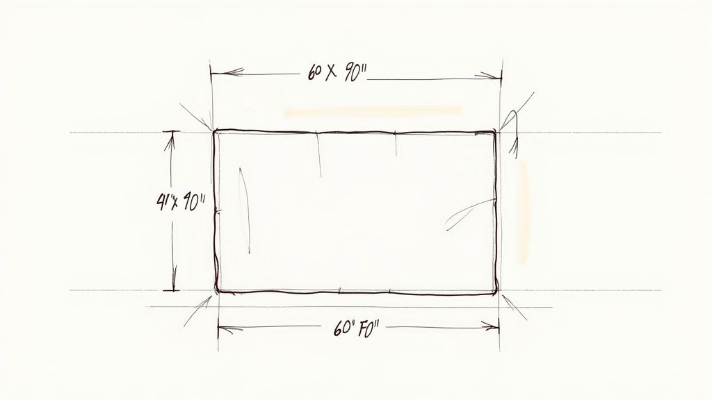 Hand-drawn sketch of a rectangle with dimensions 60x90 inches, 41x10 inches, and 60 feet.
