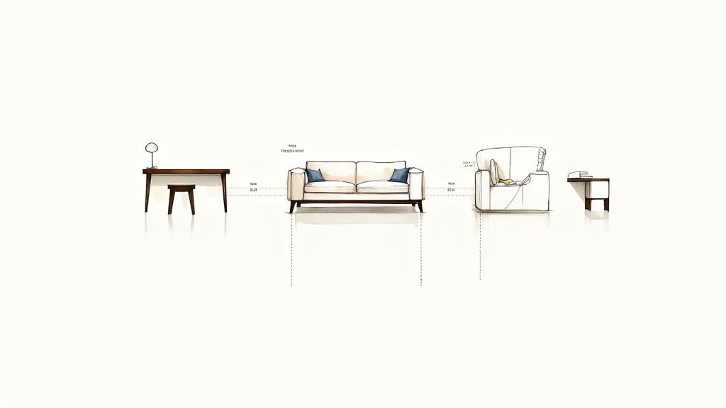 An illustration showcasing various furniture items: a desk with a stool, a two-seater sofa, an armchair, and a small side table.
