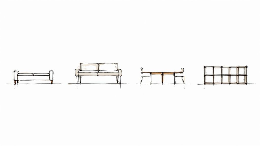 Four minimalist hand-drawn sketches showcase modern furniture designs: a bench, sofa, dining table, and modular shelving.