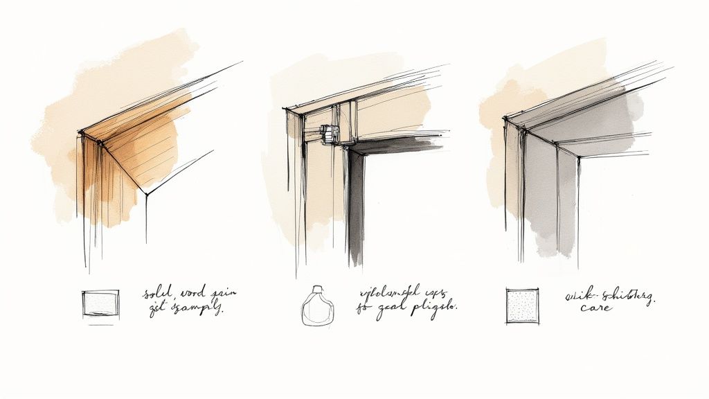 Illustrative sketches demonstrating various furniture or architectural corner joinery and material options.