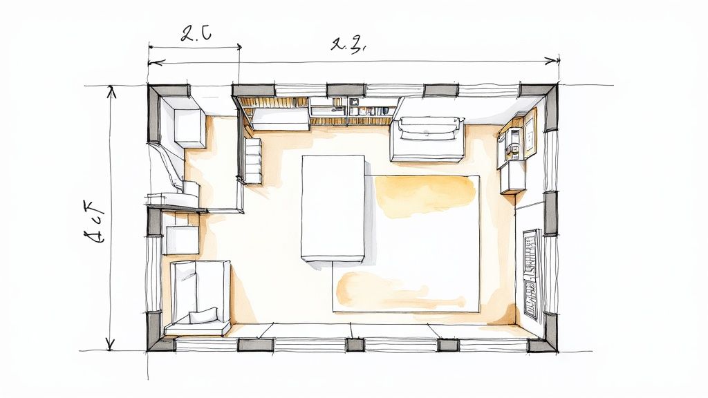 Top-down sketch of a compact room layout with space-saving furniture and dimensions.