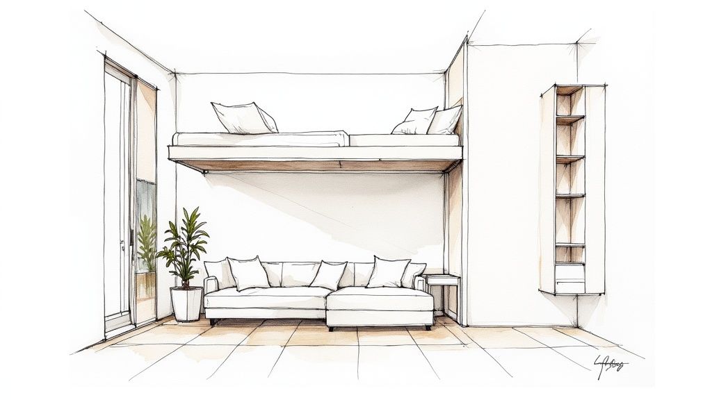A minimalist sketch of a small room featuring a loft bed above a white sectional sofa, with a plant and shelving.