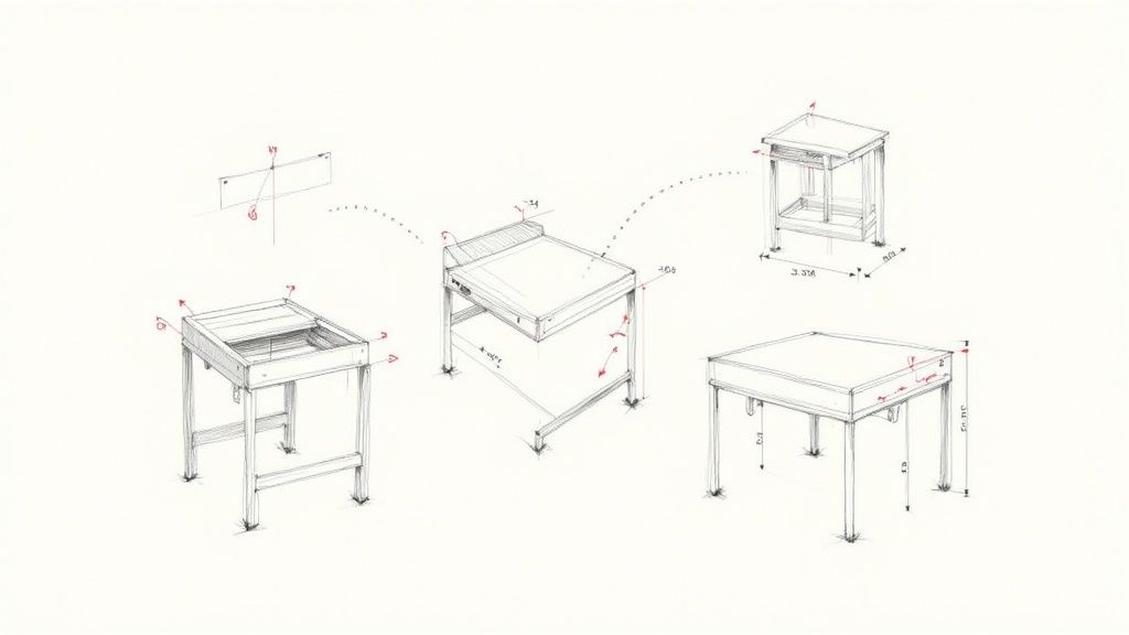 Architectural sketches showcasing a modular furniture design with various configurations and dimensions.