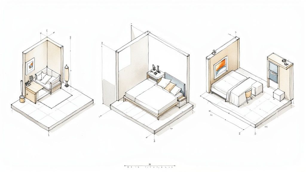 Isometric sketches of three compact room layouts showcasing modern space-saving furniture designs.